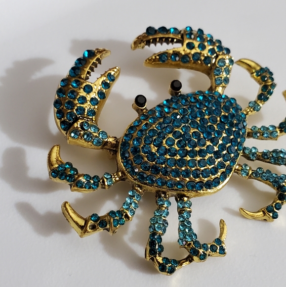 Blue Crab Brooch pin crystals stones gold vintage style AMAZING beach - Picture 3 of 8